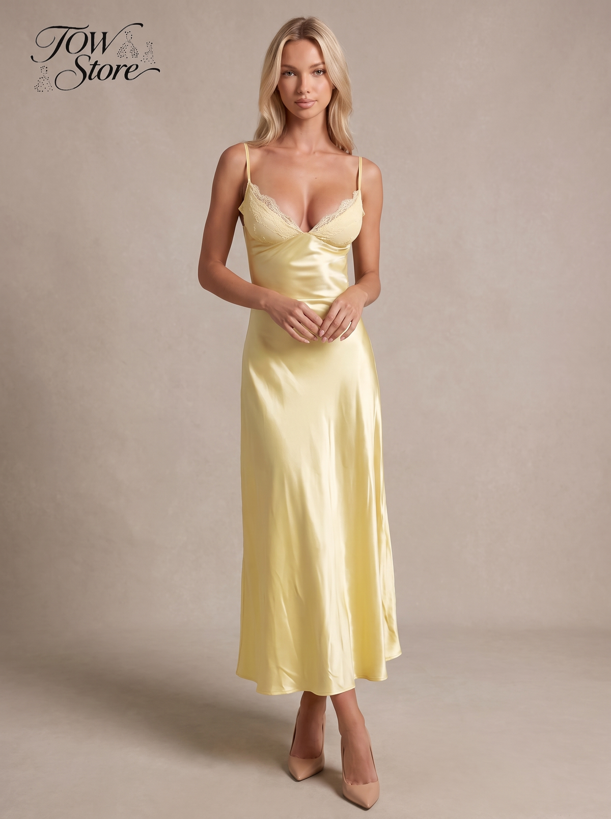 Inês — Vestido Longo de Cetim Amarelo