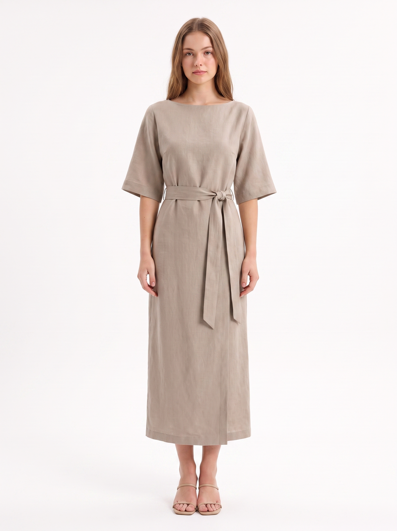 Madalena — Vestido Wrap com Cinto e Gola Barco
