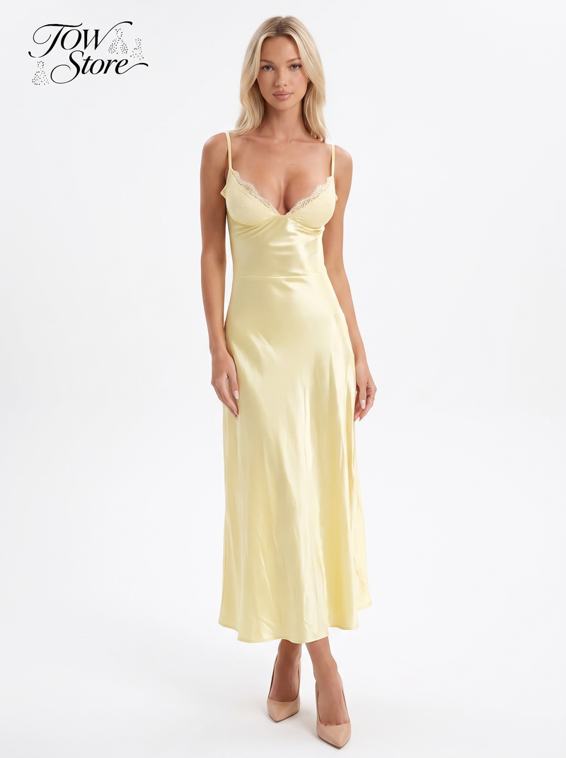 Inês — Vestido Longo de Cetim Amarelo, Aurora Lisboa