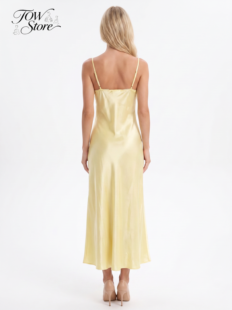 Inês — Vestido Longo de Cetim Amarelo
