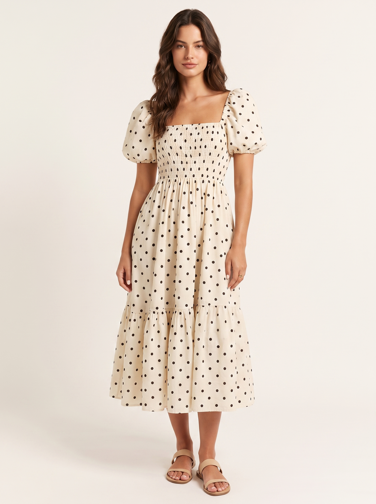 Matilde — Vestido Midi de Bolinhas com Mangas Bufantes