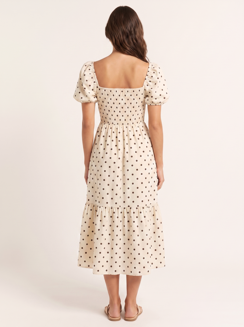 Matilde — Vestido Midi de Bolinhas com Mangas Bufantes