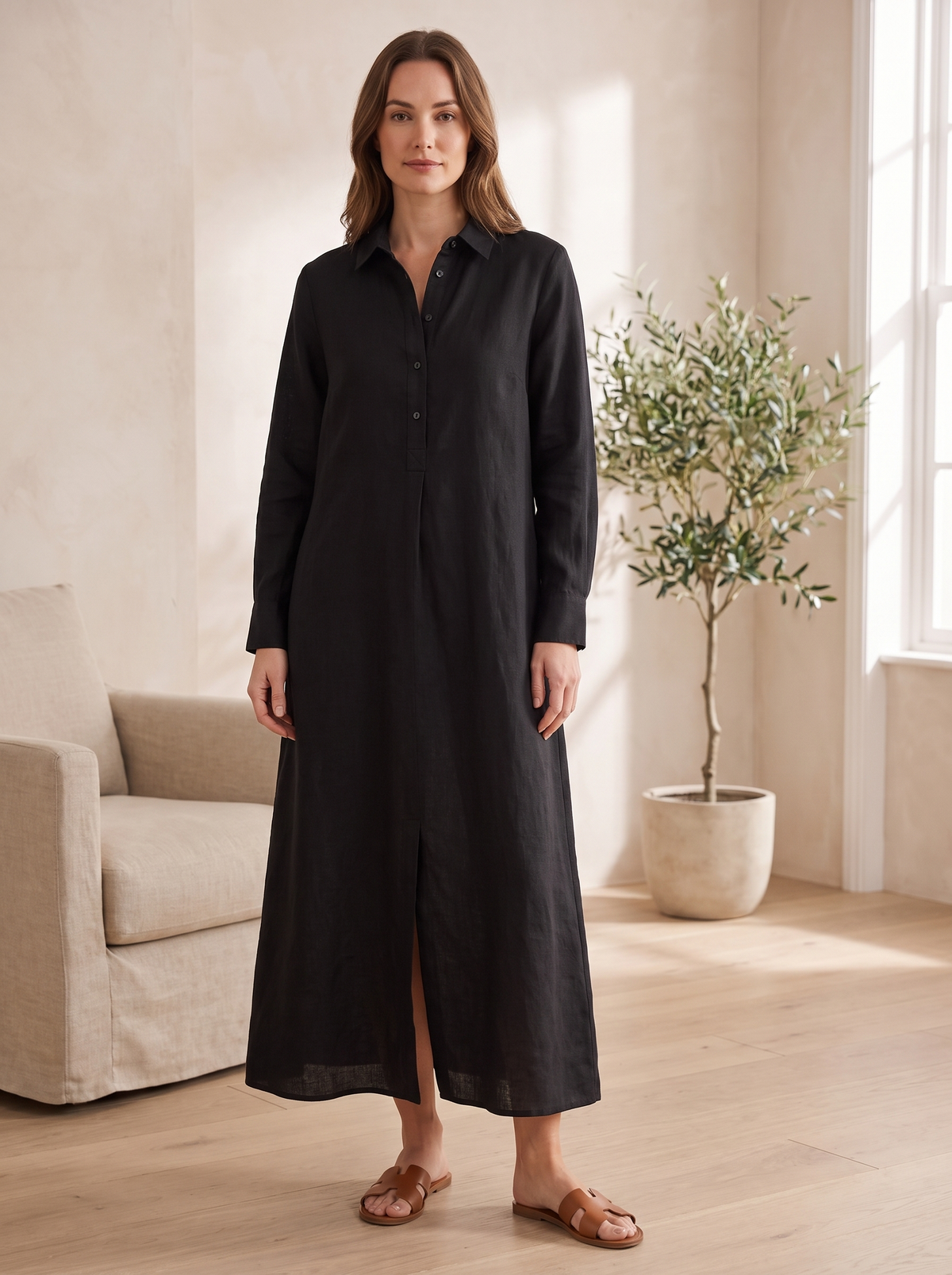 Leonor — Vestido Camiseiro Comprido em Linho
